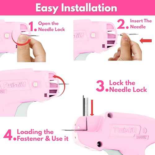 Stitch Gun for Clothes (Quick Fix Tool, Not a Sewing Machine), Handheld Clothing Tag Gun for Quick Clothing Repairs Includes 6 Needles, 1000 Black & 1000 White Fasteners (Pink)