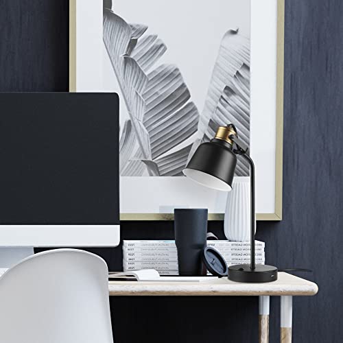 GLOBE Electric 30297 Dakota 18" Desk Lamp with 2.1 USB Port, Matte Black, Brass Accents, Push Button On/Off Switch