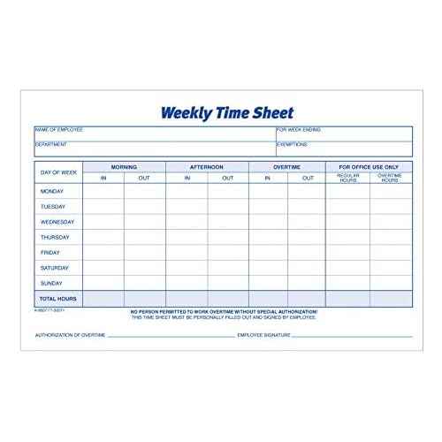 Adams Time Sheet, 9 x 5.5 Inch, Weekly Format, 2-Part, Carbonless, 100-Pack, White, Canary (NC9507)