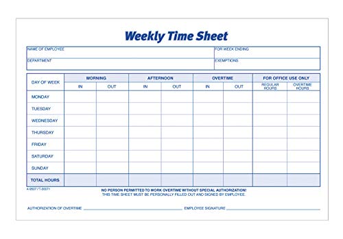 Adams 100-Pack Weekly Time Sheet Forms 8.5 x 5.5 Inch Carbonless 2-Part NC9507