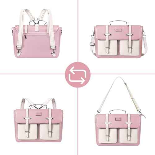 MOSISO Laptop Bag for Women, 15-15.6 inch Laptop Backpack Messenger Shoulder Bag with Front 2 Pockets for Business, Travel, Work, Office, Pink