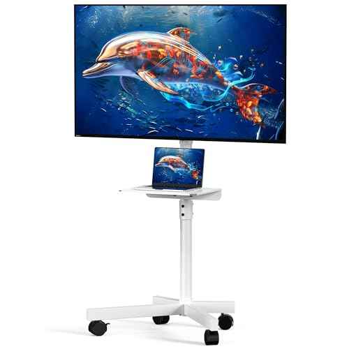 Mobile TV Cart Rolling TV Stand for 23-60 Inch LCD LED OLED Flat Curved Screens up to 88 lbs, Height Adjustable Portable TV Cart with Shelf & Wheels, Outdoor TV Stand Mount, Max VESA 400x400mm, White