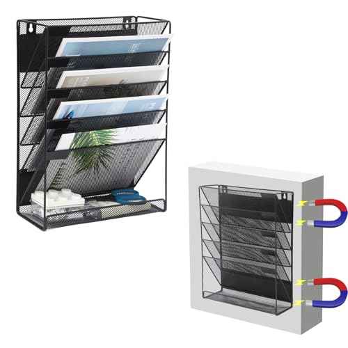 EASEPRES Magnetic File Organizer Mesh 6-Tier, Hanging Wall Mount File Organizer Vertical Holder Rack for Office Home, Black