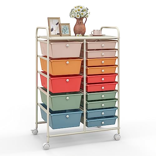 Giantex Multicolor 15-Drawer Rolling Storage Cart with Wheels - Classroom & Office Organizer