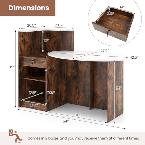GIANTEX White & Rustic Brown Reception Desk with Lockable Drawer, Oval Top & Adjustable Shelf