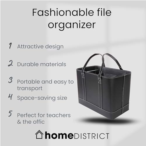 HOME DISTRICT Chic File Organizer Tote - Important Document Organizer Bag, Portable File Box with Handle, Black