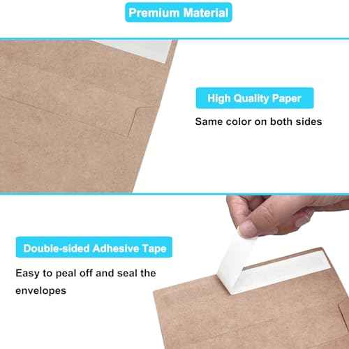 100 Pack 4x6 Envelopes for Invitations, Brown Kraft Envelopes, Self Seal A4 Envelope for Greeting Cards, Photos, Postcards, Invitation Envelope for Wedding, Graduation, Baby Shower, Party