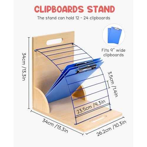GAMENOTE Clipboard Holder, Wood and Metal Clipboard Holder Stand, Small White Board Storage Rack Organizer for Classroom, Office, Assembly Required (1)