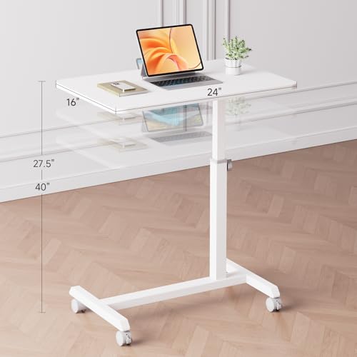 GTRACING Mobile Small Standing Desk, Sit Stand Portable Rolling Laptop Desk with Lockable Wheels, Adjustable Height Overbed Bedside Table Computer Workstations, White