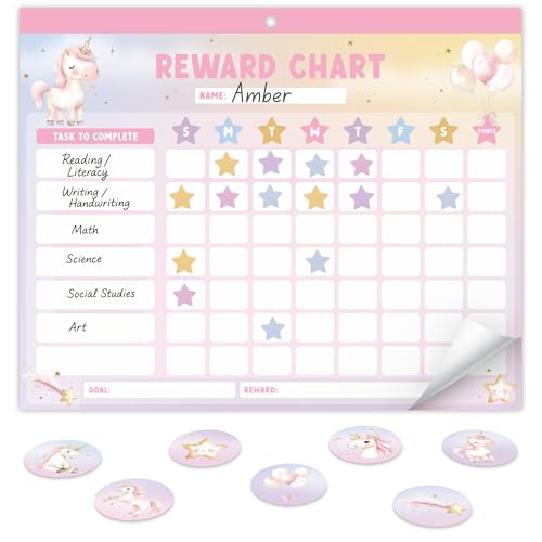 Fun Magnetic Reward Chart for Kids at Home ? Motivational Easy to Use Chore Chart w Stickers Encourages Good Habits ? Unicorn Behavior & Responsibility Chart for Girls Creates a Fun Daily Routine