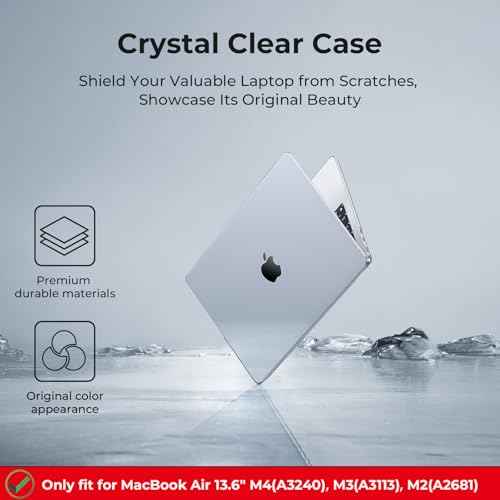 EooCoo Case Compatible with MacBook Air 13 inch M4 2025 2024 2023 2022 M3 M2 A3240 A3113 A2681, Clear Air 13.6" Laptop Hard Shell Case + Keyboard Skin Cover + Screen Protector, Crystal Clear