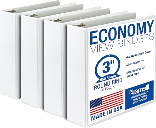 Samsill 3-Inch White 3-Ring Binders 4-Pack - Clear View Cover, 550 Sheet Capacity