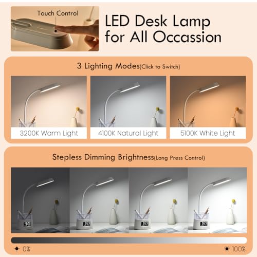 WILIT LED Desk Lamps for Home Office with Pen Holder, Table Lamp for Bedroom with USB Charging Port & Clock, RGB Night Light, Study Lamp for Kids Student, Desk Lamp for College Dorm Room Essentials