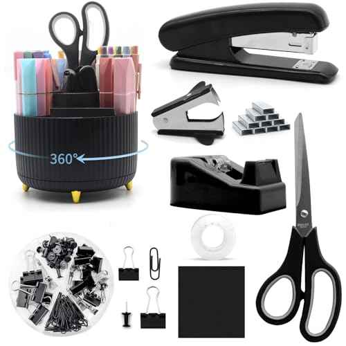 Black Desk Accessories, Rotating Pen Holder Set,Black Office Supplies with Stapler and Tape Dispenser Set, Gifts for Office Clerks,Student