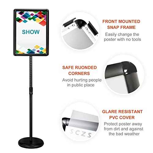 Heavy Duty Floor Sign Stand Adjustable Pedestal Sign Holder Stand, Poster Stand Aluminum Snap Open Frame for 8.5X11 Inches with Heavy Round Base, Both Vertical and Horizontal Sign Displayed