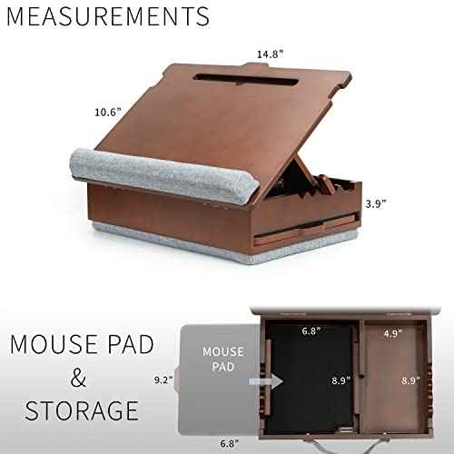 Wooden Tilting Lap Desk for Writing, Drawing, Laptop Work, and More, Height Adjustable Compact Table with Slide-Out Mouse Pad, Internal Storage, Wrist Support, Dark Wood, SX-LAPD-1