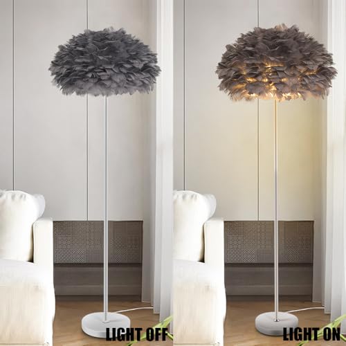 Modern Grey Feather Floor Lamp,Tall Standing Lamp for Living Room,Bedroom,Office Decor with Goose Feather Shade,Stable Metal Base, Eye-Friendly Soft Light,Foot Switch,59 Inch Height