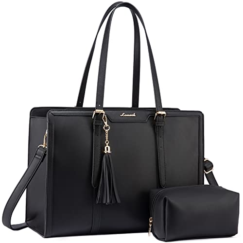 LOVEVOOK Laptop Bag for Women 15.6 inch Lightweight PU Laptop Tote Bag, Large Capacity Computer bag with Clutch Purse for Business, Work, Office, Travel, School,Casual(Black & Leather)
