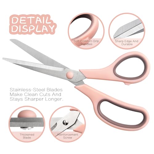 LONGKEY 8.5-Inch Pastel Scissors 3-Pack - Navy Blue, Pink, Brown, Ultra Sharp Stainless Steel