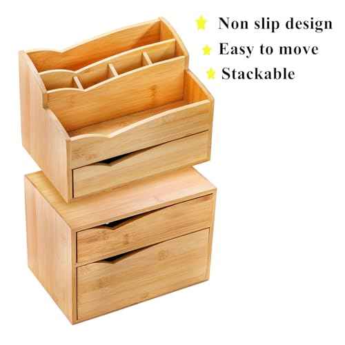 Yopay 2 Pack Bamboo Desk Organizer, Stackable Desktop Organizers with 3 Drawers, Bamboo Office Tabletop, Countertop Organization for Stationery, Makeup Vanity, Fully Assembled