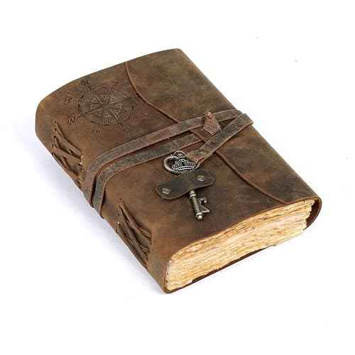 cuero Compass Vintage Leather Journal Antique Handmade Leather Bound Journal with Deckle Edge Paper Diary Leather Sketchbook Drawing Journal Notebook Great Gift Men & Women (Tawny Brown, 8X10 Inch)