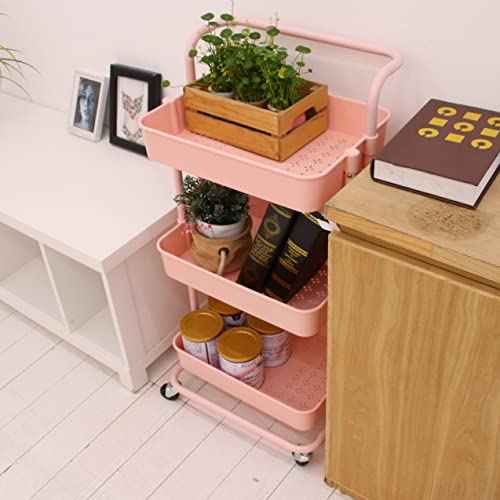 3-Tier Multifunction Rolling Cart Utility Storage Shelves Cart with Hanging Cup Lockable Wheels and Handle for Office Living Room Kitchen Bathroom (Pink)