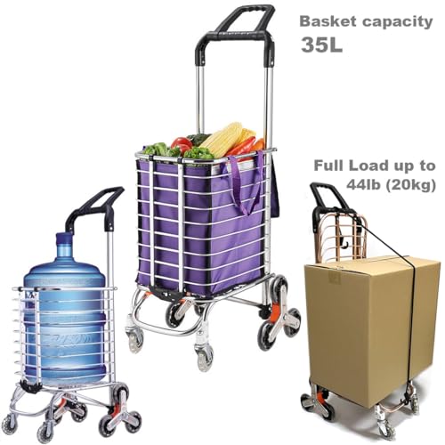 Stair Climbing Shopping Cart for Groceries & Hand cart 2-in-1, Lightweight Utility Cart with Waterproof Liner, Elastic Cord for Luggage,Laundry,Camping,Transport £¬35L (Silver+)