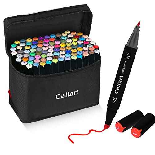 Caliart Markers, 100 Colors Dual Tip Art Markers Sketch Pens Permanent Alcohol Based, with Case for Adults Artists Drawing Illustration Sketching Coloring (Black Barrel)