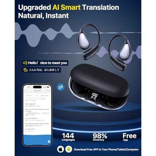 AI Translation Earbuds Real Time, 144 Language Translator Earbuds OWS 3-in-1 Translation Headphones, Translation Device for Travel Business Learning Compatible with iOS and Android£¨Black£©