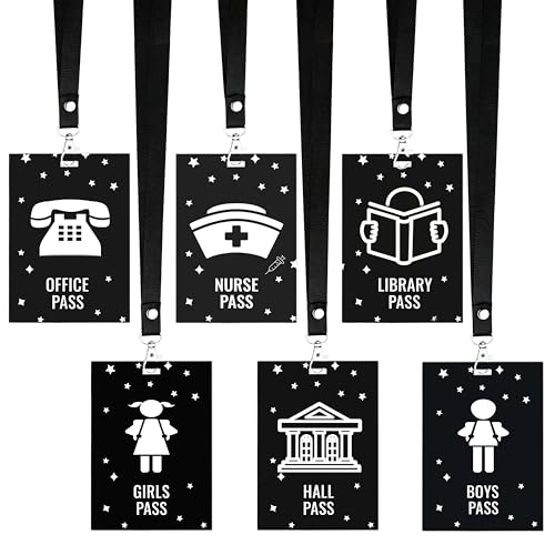 Classroom Hall Passes Set with Lanyards - Durable PVC Student Passes for School Bathroom Library Office Nurse