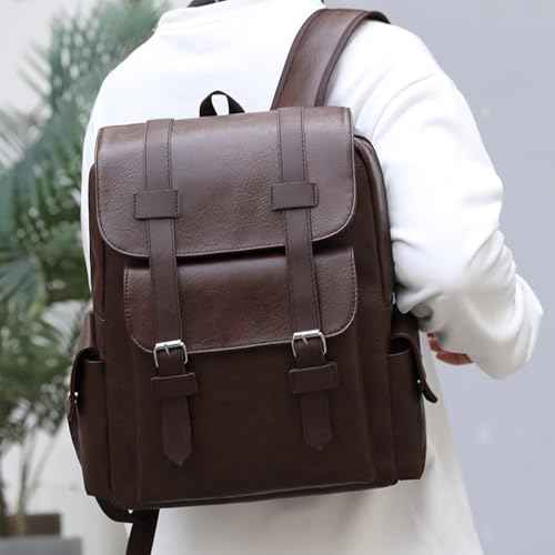 Vintage Laptop Backpack Leather Backpack for Men Dark Brown Travel Work Backpacks Large Capacity Business Back Pack