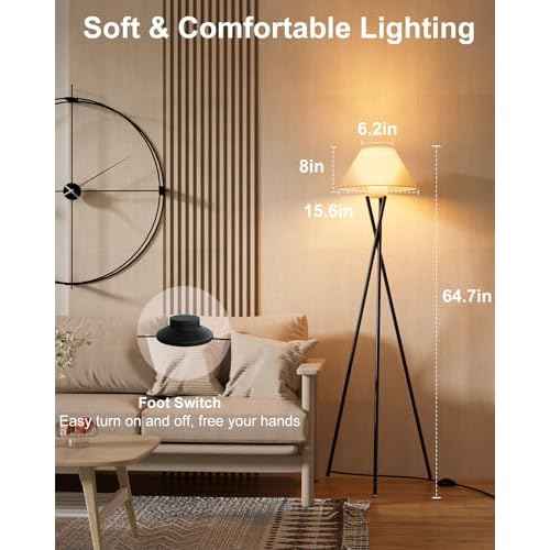 FAITHSAIL Black Tripod Floor Lamp, Dimmable Mid Century Standing Lamp with Fabric Shade, Modern Design Studying Light for Living Room, Bedroom, Study Room and Office(Bulb Included)