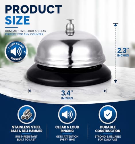Chrome Service Call Bell - 3.4 Inch Loud Desk Bell for Hotels & Offices