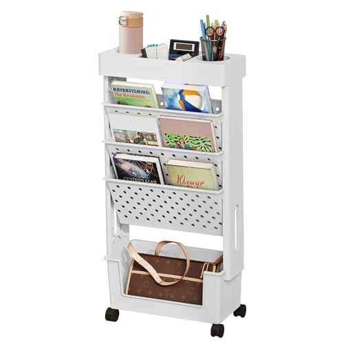 BYFU 5-Tier Movable Bookshelf Cart, Rolling File Paper Storage Organizer Mobile Bookcase with Wheels for Home Office Study Classroom, White