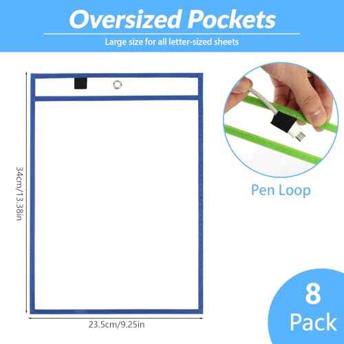 BEVTEE 8 Pack Dry Erase Pocket Sleeves with 1 Ring, 10x14 Inch Clear Plastic Paper Sleeves, Reusable Sheet Protectors, Teaching Supplies for Classroom Elementary