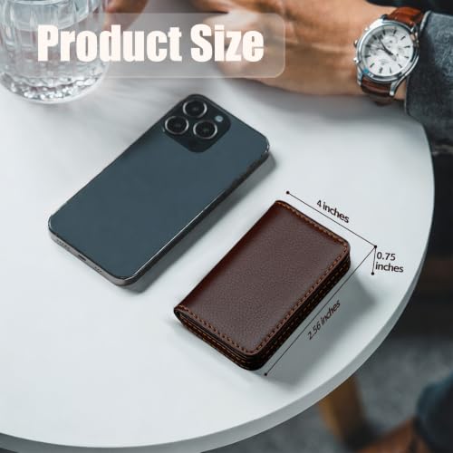 Uloryce Coffee Brown PU Leather Business Card Holder with Magnetic Closure Slim Wallet for Men & Women