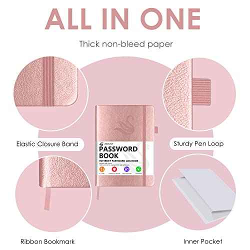 Elegant Password Book with Alphabetical Tabs - Hardcover Password Book for Internet Website Address Login - 5.2" x 7.6" Password Keeper and Organizer w/Notes Section & Back Pocket (Rose Gold)