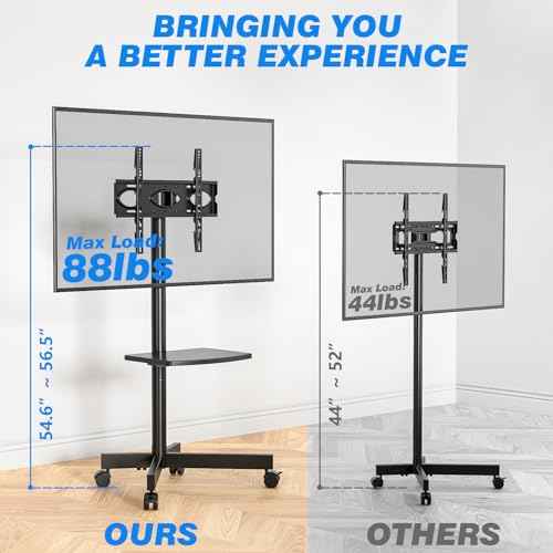 Rfiver Mobile TV Stand for 23-60 Inch LCD LED Flat/Curved Panel Screen TVs up to 88 lbs, Rolling TV Stand with Adjustable Shelf & Tilt, Portable Floor Stand on Wheels for Bedroom, Living Room, Office