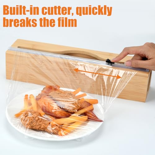 Bamboo Plastic Wrap Dispenser with Cutter, Slide Cling Holder for 12