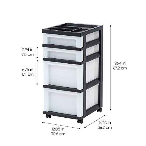 IRIS USA Plastic Drawer Storage Organizer Rolling Cart, with Wheels Casters, 4-Drawers, for Classroom Art Craft Supplies Dresser Closet Bathroom Laundry Room, Black/Pearl