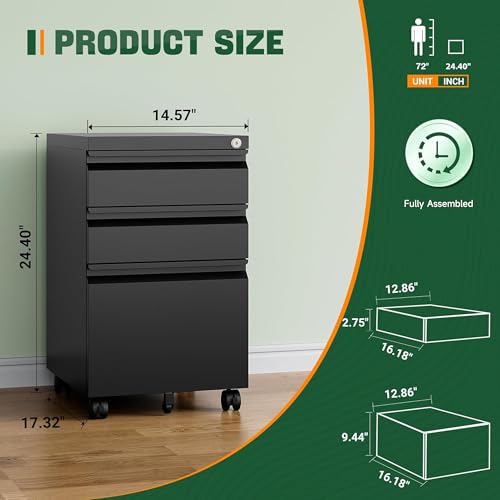 Letaya 3-Drawer Mobile Metal File Cabinet 14.57x17.32x24.40in Black Locking Under Desk Organizer