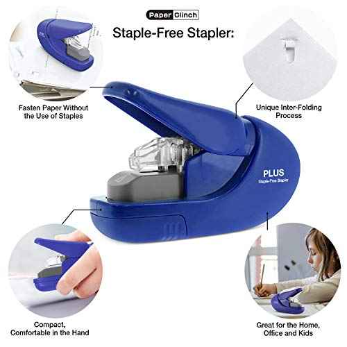 PLUS Paper Clinch Compact Staple-Free Stapler ? Fastens up to 5 Sheets, No Staples Needed, Eco-Friendly, Safe for Kids, Blue