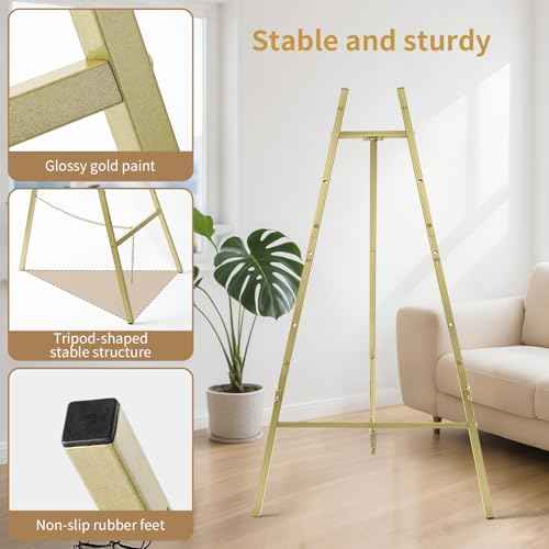 Gold Easel Stand for Sign- 4 Tier Heavy Duty Metal Display Easel Stand for Paintings, Posters, Wedding Show,Pictures, Welcome Signs,with Adjustable Chain Easel for Wedding Sign