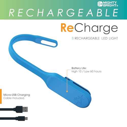 The Original Mighty Bright Recharge Clip On Rechargeable Book Light Reading Light, Warm Eye Care LEDs, Flexible, Durable, Dimmable, Perfect for Kids, Bookworms, Reading in Bed, Lasts 60 Hours (Blue)