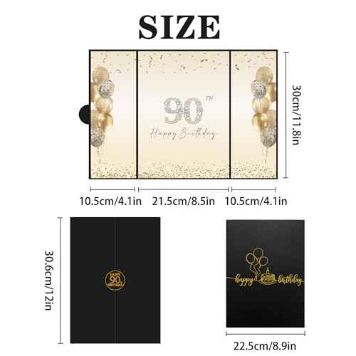 DARUNAXY Black Gold 90th Birthday Party Decorations, Happy 90th Birthday Alternative Signature Guest Book for Men Women Cheers to 90 Years Old Gifts 90 Birthday Signing Card Board Party Supplies
