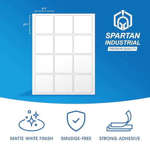 2 1/2" X 2 1/2" Square Printable Labels Compatible with Inkjet and Laser Printers - 500 Sheets, 6000 Matte White Paper Stickers for QR Codes, Barcodes, Logo Designs - Spartan Industrial Template S003