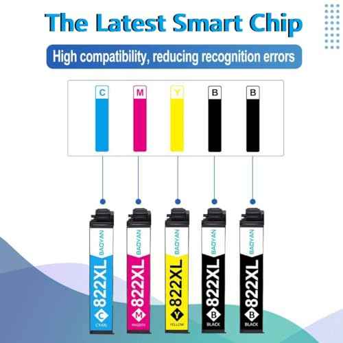 822 822XL 5PACK Remanufactured for Epson 822XL Ink Cartridges for Epson 822 T822 for Epson Workforce Pro WF-4830 WF-3820 WF-3823 WF-4820 WF-4833 WF-4834 Printer (2*Black, Cyan, Magenta, Yellow)