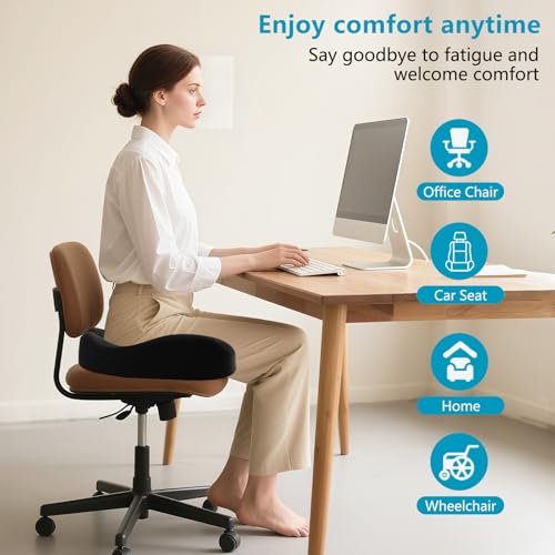 Seat Cushions for Office Chairs & Hip Pain Relief, Extra-Dense Coccyx Cushion with Sciatica Support, Ergonomic Design for Desk Chair, Car, Wheelchair, All-Day Comfort (Black)