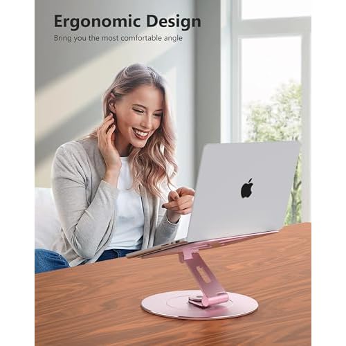 Ultra-Stable Swivel Laptop Stand for Desk, 300% Larger Base Stability, Military-Grade Aluminum, Height Adjustable Stylish Laptop Stand for Women, Suitable for 10"-17.3" Laptops Rose Gold