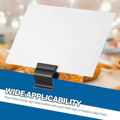 50 Pcs Black Sign Clip Food Tray Label Holder Plastic Buffet Food Label Clip Reusable Price Tag Tray Sign Holder for Bake Sale Gathering Retail Merchandise Display, Card and Bowl Not Included